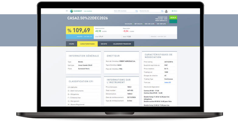 	Illustration of a bond page on Euronext markets websites