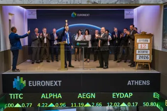 CEO of VERALLIS rings bell to celebrate listing on Euronext Growth in Athens